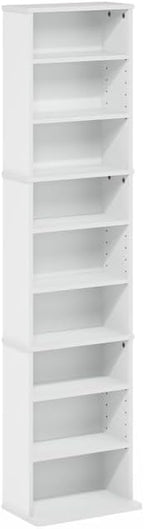 Adjustable Shelves Multimedia Storage Tower Rack with Spacious Media Organization, Durable Design, Versatile Rack for DVDs, CDs, Games, and More White/9 Tier