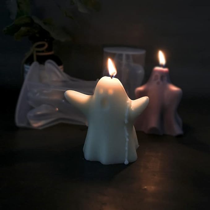 Silicone Candle Molds Set, 2 Pieces Ghost Halloween Molds and 20 Pieces Candle Wick, Horror Skull Handmade Soap Gypsum Mould for Scented Candle Making Home Decoration Supplies