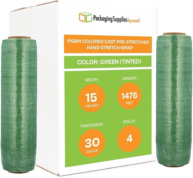 PSBM Green Stretch Wrap, 15 Inch x 1476 Feet, 4 Pack, Tinted Pre-Stretched Shrink Wrap Film for Moving, Packaging, Pallet Wrapping