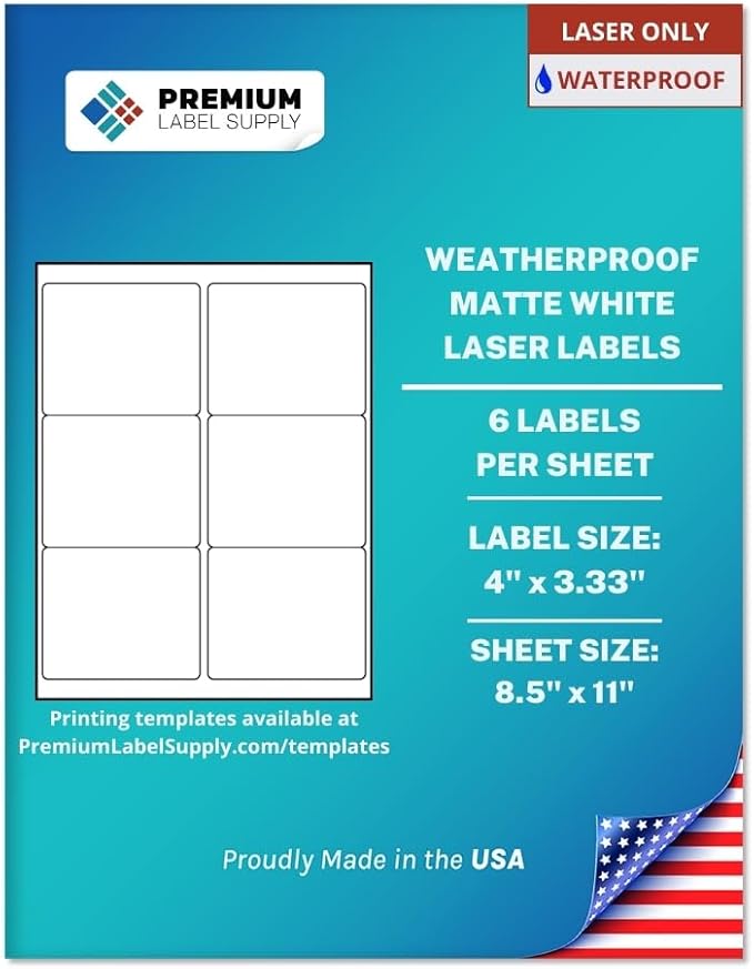 Premium Label Supply Waterproof Matte White Sticker Labels – 4" x 3.33" – Laser Printers Only – (6 per Sheet), 10 Sheets - 60 Total Adhesive Labels