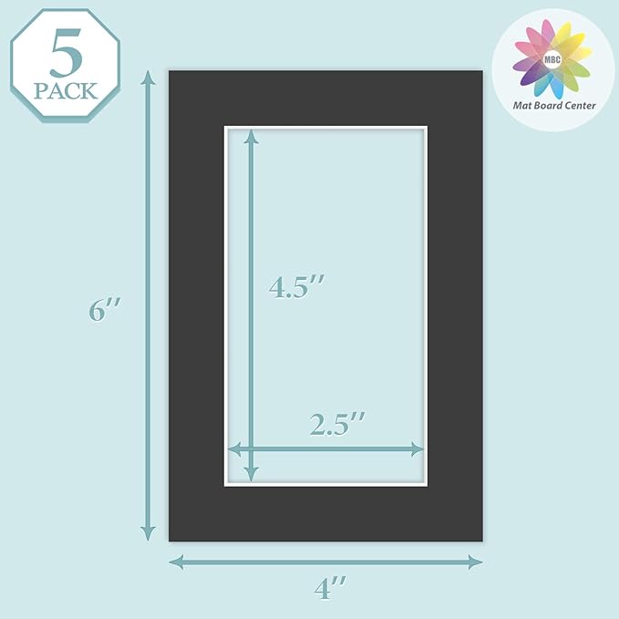 MBC MAT BOARD CENTER, 5 Pack 4x6 for 3x5 Black Picture Mats Frame Mattes, Bevel Cut, Acid Free, 4-ply Thickness