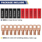 haisstronica 10pcs 2/0 AWG - 3/8"(M10) Battery Cable Lugs, Heavy Duty Copper Wire Lugs with 10pcs 3:1 Adhesive Heat Shrink Tubing, 00 Gauge Copper Lugs, Battery Terminal Connector, Battery Cable Ends