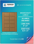 Premium Label Supply Brown Kraft Sticker Labels – 3" x 2" – Laser/Inkjet Compatible – (10 per Sheet), 100 Sheets – 1,000 Total Adhesive Labels
