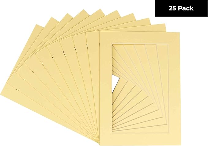 5.5x8.5 Mat for 8.5x11 Frame - Precut Mat Board Acid-Free Show Kit with Backing Board, and Clear Bags Soft Yellow 5.5x8.5 Photo Matte For a 8.5x11 Picture Frame Matboard for Framing, Pack of 25 Mats