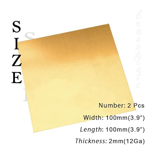 12 Gauge Brass Sheet，H62 Brass Plates Metal 0.079" Thickness x 3.9" Width x 3.9" Lenght, for Models, Crafts, Repairs, Electrical, 2Pcs