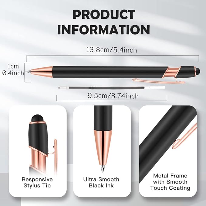 12 PCS 2 in 1 Stylus Ballpoint Pen with Stylus Tip, 1.0 mm Black Ink Metal Pen Stylus Pen for Touch Screens (Rose Gold & Purple)