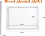 Rechargeable A4 LED Light Pad with Padded Case, YINGWOND Tracing Light Box w/Riser Stands and Paper Clip, 6 Levels of Brightness, Type-c Cable, Wireless Diamond Painting Light Board White