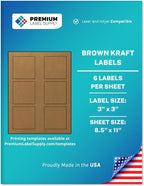 Premium Label Supply Brown Kraft Sticker Square Labels – 3" x 3" – Laser/Inkjet Compatible – (6 per Sheet), 100 Sheets – 600 Total Adhesive Labels