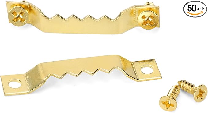 Small Sawtooth Picture Hangers 50 Pack Steel Sawtooth Hangers with Screws for Hanging Canvas Photos Frame Clock Paintings Artwork (Gold)