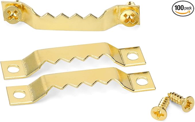 Small Sawtooth Picture Hangers 100 Pack Steel Sawtooth Hangers with Screws for Hanging Canvas Photos Frame Clock Paintings Artwork (Gold)