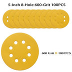 100PCS 5 Inch 8 Hole Sanding Discs 600 Grit,Gold Round Hook and Loop Sandpaper for Random Orbital Sander