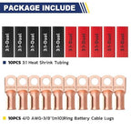 haisstronica 10pcs 4/0 AWG - 3/8"(M10) Battery Cable Lugs, Heavy Duty Copper Wire Lugs with 10pcs 3:1 Adhesive Heat Shrink Tubing, 0000 Gauge Wire Lugs, Battery Terminal Connector, Battery Cable Ends