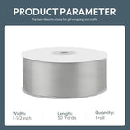 KMER LIFE 1-1/2" Wide x 50 Yards Silvery Single Faced Polyester Satin Ribbon, Silvery Satin Ribbon Perfect for Wedding Decor, Wreath, Crafts, Gift Wrapping & Other Projects (Silvery)