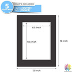 MBC Mat Board Center, 5 Pack 12x16 for 9x12 Black Picture Mats Frame Mattes, Bevel Cut, Acid Free, 4-ply Thickness