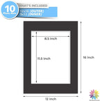 MBC Mat Board Center, 10 Pack 12x16 for 9x12 Black Picture Mats Frame Mattes, Bevel Cut, Acid Free, 4-ply Thickness