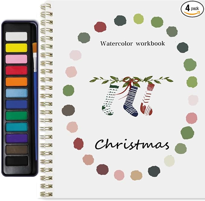Beginner Watercolor Painting Kit Watercolor Workbook Coloring Book 12 Colors Paint Set with Brush,Easy Nature Scenes Beginner Friendly Watercolor Paint Set Gift for Adults Teens. (Christmas)