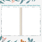 A5 Blank Notebook - 70 Sheets/140 Pages Blank Paper Notebook, 100 GSM Thick White Paper, 5.8" x 8.3" Spiral Blank Journal, Flowers