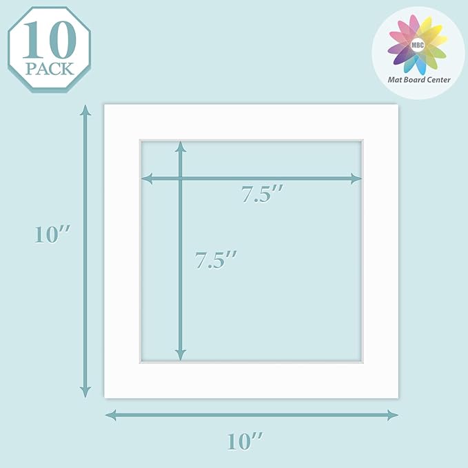 MBC Mat Board Center, 10 Pack 10x10 for 8x8 White Picture Mats Frame Mattes, Bevel Cut, Acid Free, 4-ply Thickness