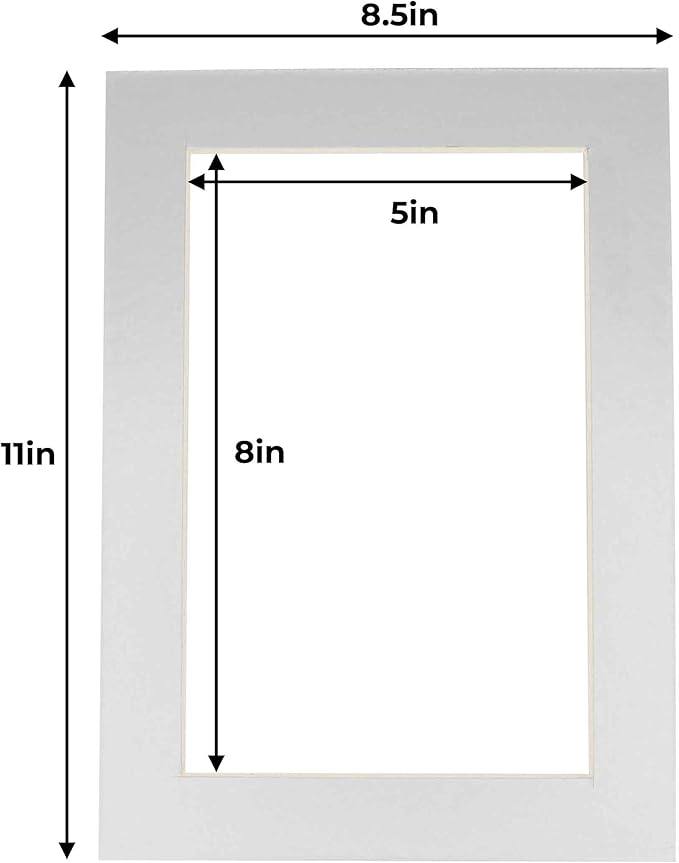 5.5x8.5 Mat for 8.5x11 Frame - Precut Mat Board Acid-Free Metallic Silver 5.5x8.5 Photo Matte for a 8.5x11 Picture Frame, Matboard for Family Photos, Show Kits, Art, Picture Framing, Pack of 25 Mats
