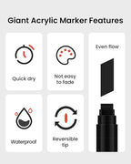 Black Poster Markers Jumbo: 5 Pcs 15mm Wide Tip Thick Acrylic Paint Pen Large Permanent Calligraphy Markers for Rock Painting, Stone, Poster, Canvas, Glass, Wood, Ceramic