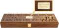 Alex Cramer Le Club Luxury Domino Set with USA-Made Handcrafted Walnut Case and Cribbage Top - 28 Tournament Quality Indestructible Spinner Dominoes. Gold & Nickel pegs