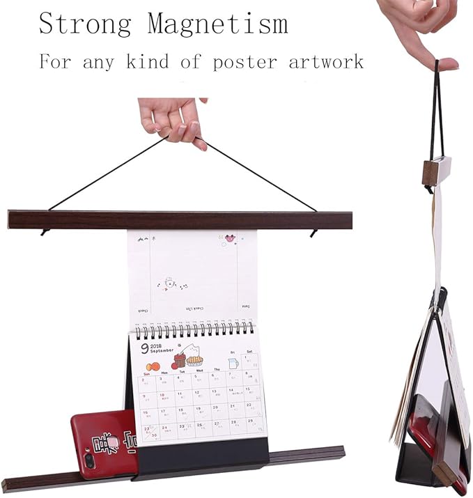 Ywlake Magnetic Poster Hanger, 9x12 9x14 9x17 Poster Frame Wood Wooden Magnet Print Posters Dowel Scroll Hanger Hangers Hanging Kit for Walls Map Canvas Artwork (Walnut, 9")