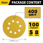 100PCS 5 Inch 400 Grit 125mm 8 Hole Sanding Discs Sandpaper - Premium Gold Round Hook and Loop for Random Orbital Sander - Ideal for Wood, Metal, Automotive
