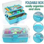 12in Three-Layer Multipurpose Storage Box Organizer Folding Tool Box/Art & Crafts Case/Sewing Supplies Organizer/Medicine Box/Family First Aid Box with 2 Trays (Blue)
