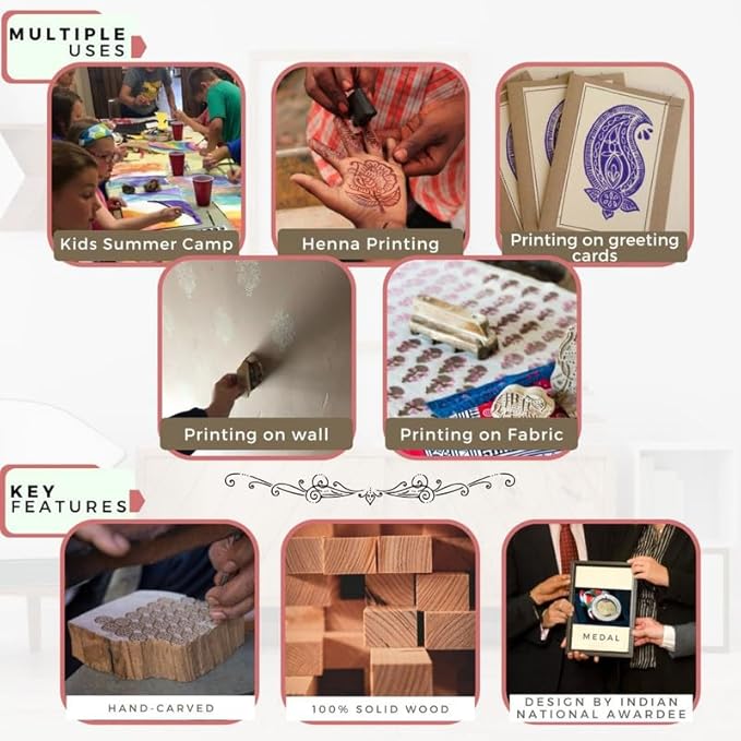 Hashcart Small Wooden Stamp Block - Printing Stamp Design Set | Block for Printing Saree Border | Dresses, Craft Card Making, Scrapbook, Clay Pottery | Set of 5
