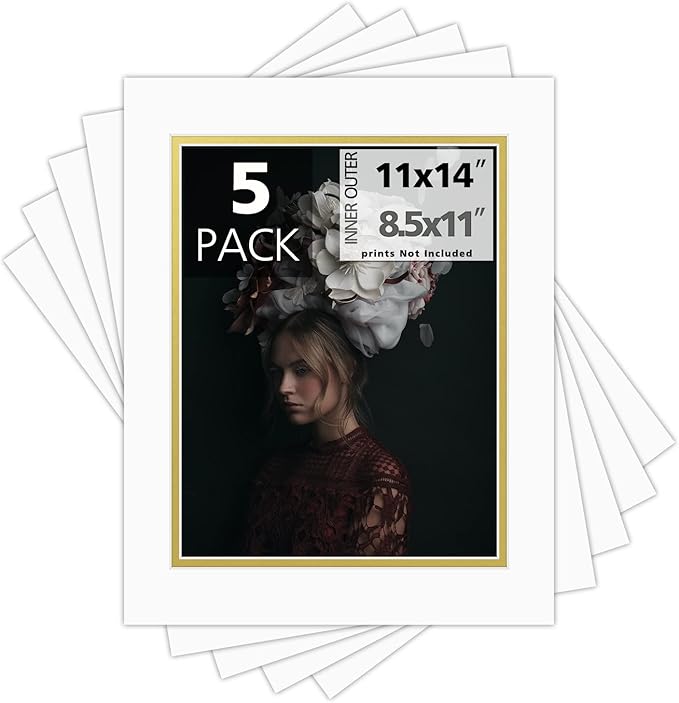 Mat Board Center, Double Mat - Acid Free, 8-ply Thickness, White Core - for Pictures, Photos, Framing (Off White Over Gold, 11x14 for 8.5x11, Pack of 5)