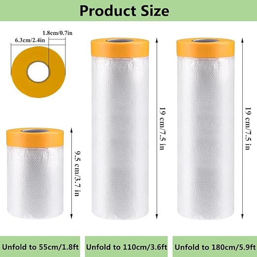 Pre-Taped Masking Film-43inx65ft Tape and Drape Painters Plastic Rolls, Plastic Painting Film for Automotive Painting Covering,Protective Drop Film for Furniture, Car, Floor (6rolls, 43in×65ft)