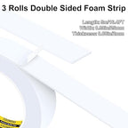 3Pack 1inX16.4FT (Total 49.2FT) Double Sided Foam Strip, EVA Foam Tape, Double Sided Sponge Adhesive Mounting Tape for Home Office Decor White