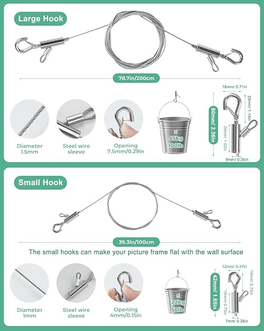 4PCS Adjustable Picture Hanging Wire 3m x 1mm Small Hooks, Picture Frame Wire Kit Heavy Duty 50lbs, Stainless Steel for Art, Mirror, Light Lamp, Billboards, Basket Flowerpot