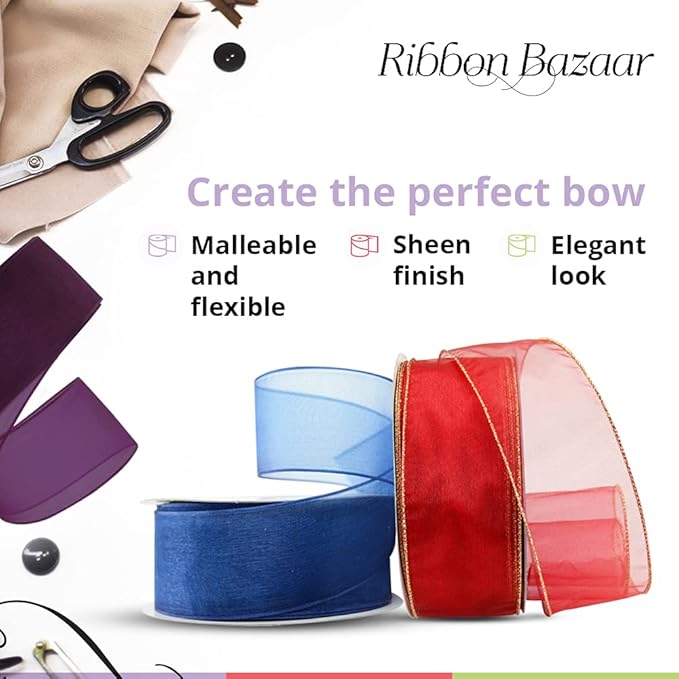 Ribbon Bazaar Sheer Organza Wired Ribbon - 100% Polyester Wire Edged Ribbon for Floral Decor, Table Arrangements, Apparel Embellishment & More - 1-1/2" White 25yd