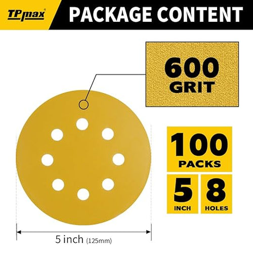 100PCS 5 Inch 600 Grit 125mm 8 Hole Sanding Discs Sandpaper - Premium Gold Round Hook and Loop for Random Orbital Sander - Ideal for Wood, Metal, Automotive