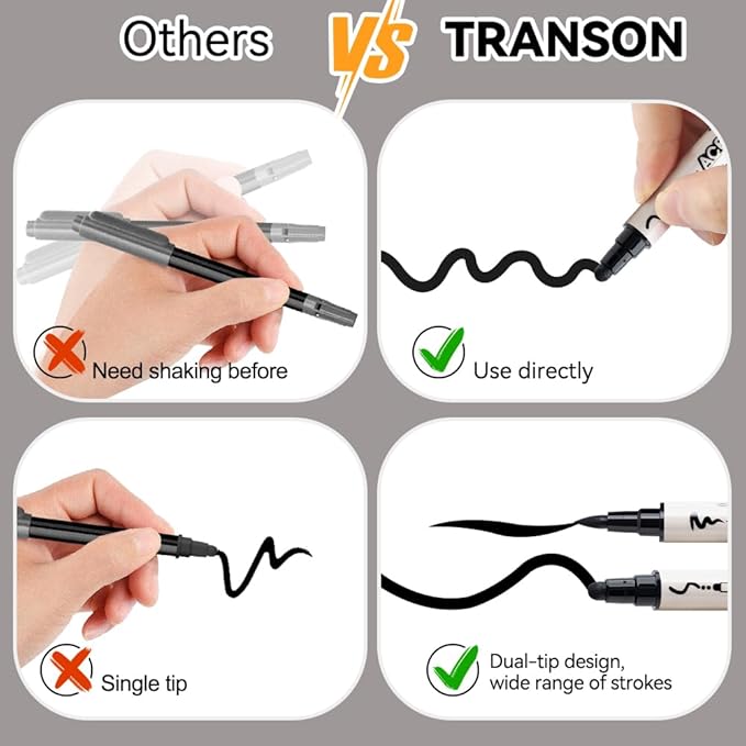 TRANSON 4 Black and 4 White Paint Markers Brush and Bold Dual-tip Acrylic Paint Marker Set for Rock Painting Glass Canvas Wood Leather Ceramic Painting