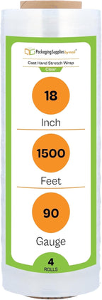 PSBM Stretch Wrap, 4 Pack, 18 Inch x 1500 Feet, 90 Gauge, Clear Plastic Cling, Cast Hand Stretch Film Rolls for Packaging Moving Packing Pallets