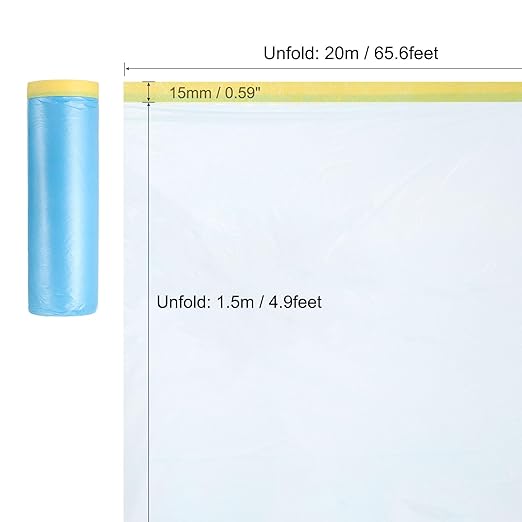 uxcell Pre-Taped Masking Film, 4.9ft x 66ft High-Tack Painters Tape Plastic Drop Cloth with High-Tack Painters Tape for Painting Protection Blue Film 3Pcs
