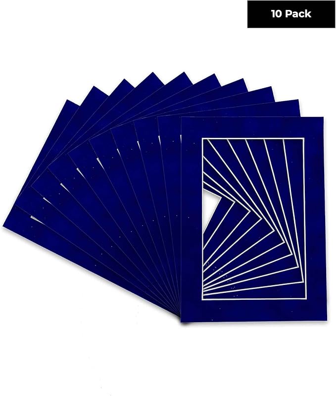 Pack of Ten Acid Free 11x14 Mats Bevel Cut for 8.5x11 Photos - Royal Blue Suede Precut Matboards With Backing Boards and Self Seal Photo Mat Bags For Pictures, Photos, Framing - 4-ply Thickness