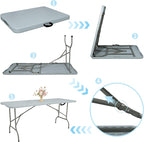 Folding Table 6 FT Camping Table Portable Plastic Rectangular Outdoor Dining Table Steel Legs Fold-in-Half with Carrying Handle for Indoor,Picnic,Party,Wedding,Events(Grey)