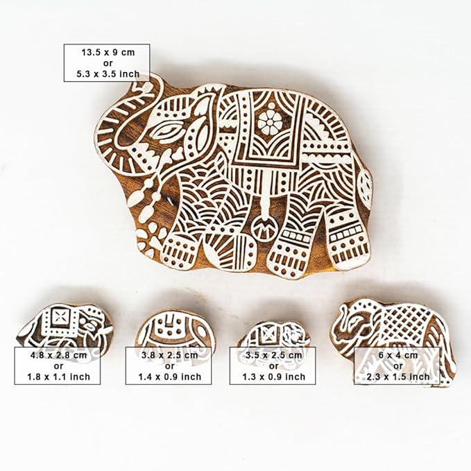 Wooden Block Stamp for Block Printing - Elephant Design Wooden Print Stamp Set of 5, Handcarved Indian Wood Stamps for Crafting on Fabric, Clay & Henna Tattoo HASHCART®