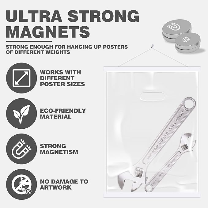 Ywlake Magnetic Poster Hanger, 23x34 23x33 23x35 Poster Frame Wood Wooden Magnet Print Posters Dowel Scroll Hanger Hangers Hanging Kit for Walls Map Canvas Artwork (White, 23")
