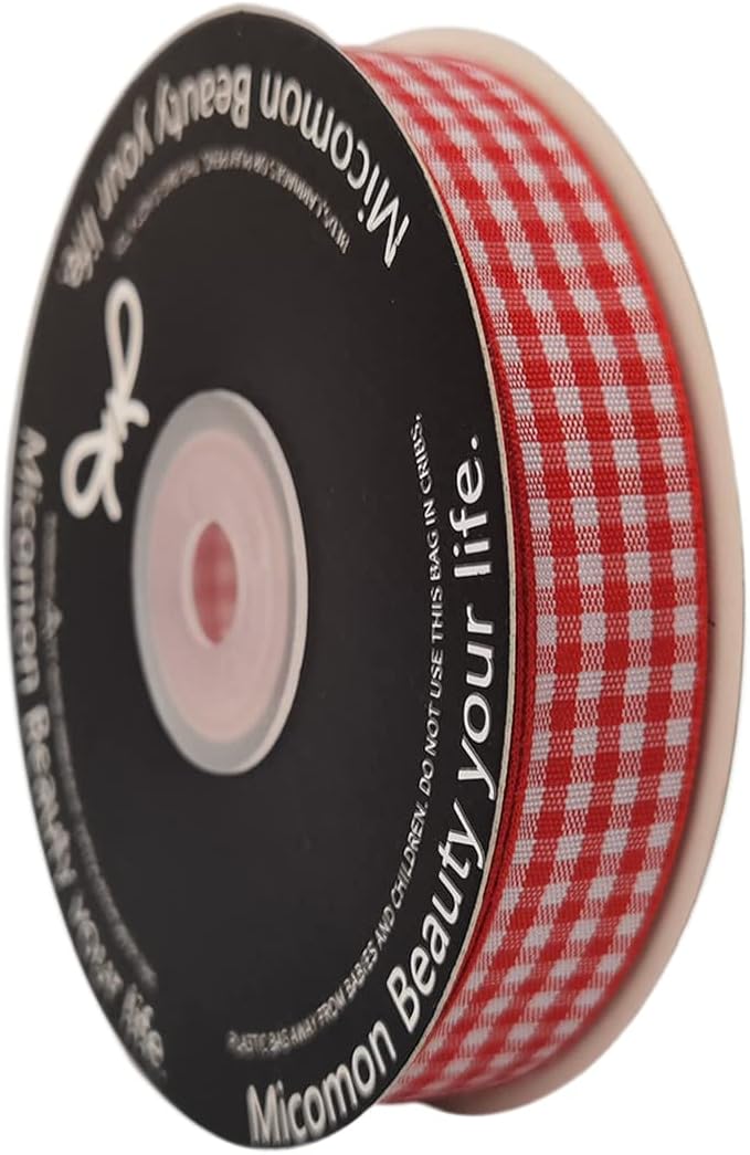 Red and White 100% Polyester Gingham Ribbon 25 Yards Each Roll (5/8", red)