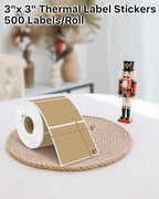 iEager Brown Square Thermal Label Stickers, 3" x 3" Self-Adhesive Square Direct Thermal Labels with Perforation Line, 500 Sheets/Roll