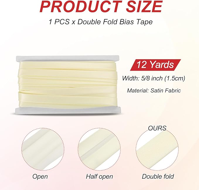 MECCANIXITY Double Fold Bias Tape for Sewing 5/8 Inch x 12 Yards Satin Pre-fold Continuous Binding Tape for Seaming Quilting Hemming Binding DIY Crafts, Beige White