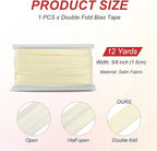 MECCANIXITY Double Fold Bias Tape for Sewing 5/8 Inch x 12 Yards Satin Pre-fold Continuous Binding Tape for Seaming Quilting Hemming Binding DIY Crafts, Beige White