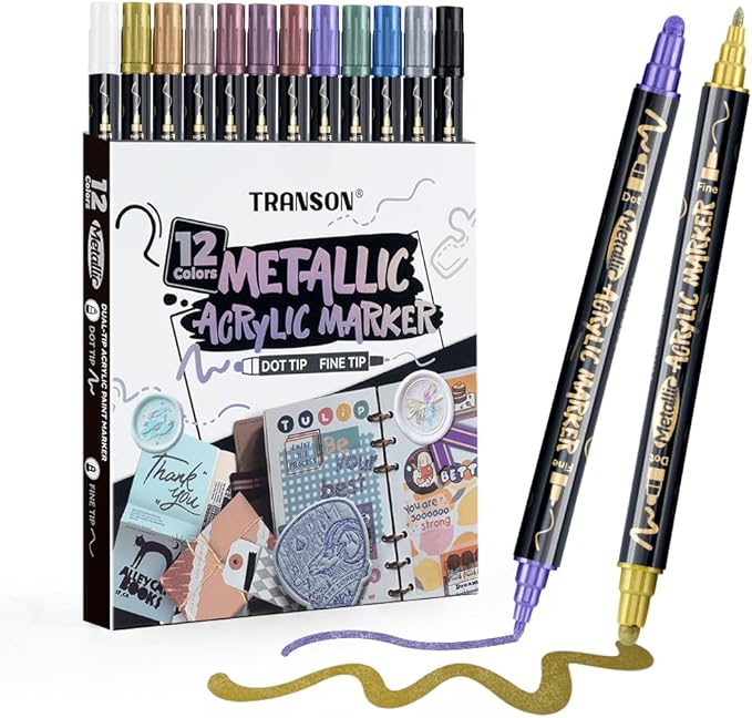 TRANSON 12Colors Metallic Paint Markers Bold and Fine Dual-tip for Rock Wood Ceramic Canvas DIY Painting Drawing
