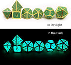 Haxtec Glow in The Dark Glowing Blue Metal Dice Set D&D W/Dragon Dice Bag 7PCS DND Dice Set Compatible with Dungeons and Dragons RPG Games-Gold Glowing Blue-V2