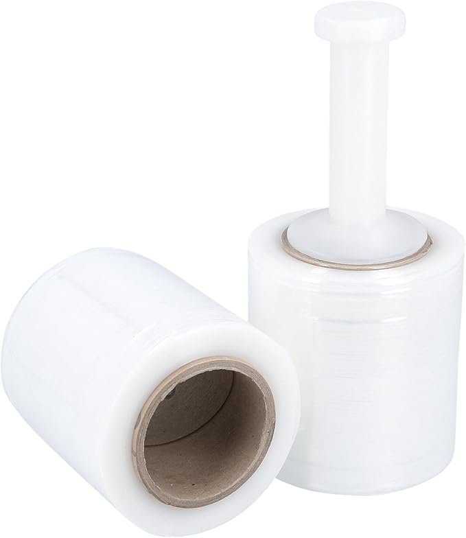 PSBM Mini Stretch Wrap with Handle, 12 Pack, 4 Inch x 1000 Feet, 90 Gauge, Clear, Small Plastic Cling Film for Pallets Moving Storing