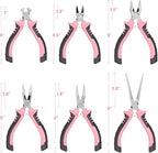 COMOWARE 6-Piece Mini Pliers Set, Needle Nose, Long Nose, Bent Nose, Diagonal, End Cutting and Linesman, for Crafts Work, Electronic Repair, with Pink Pouch